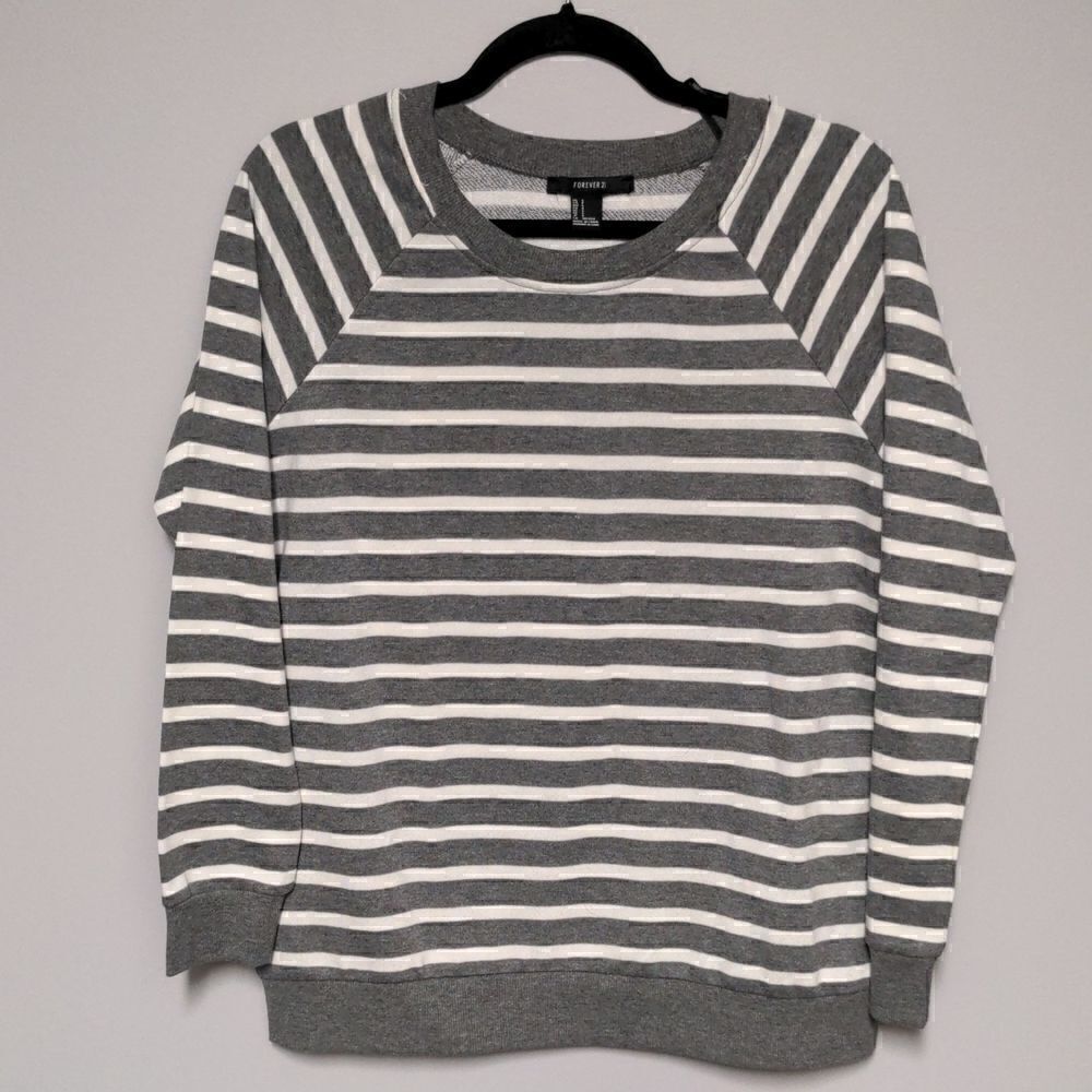 Forever 21 Gray and White Striped Crewneck